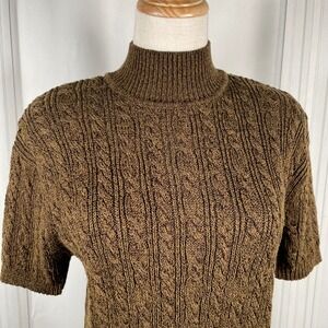 Jones New York Vintage Cable Knit Mock Neck Short Sleeve Sweater Khaki Green-L